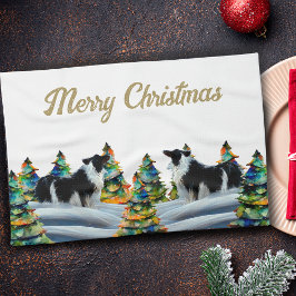 Border Collie in Winter Snow Forest Christmas Tree Geschirrtuch