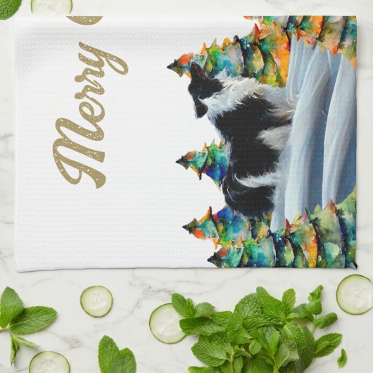 Border Collie in Winter Snow Forest Christmas Tree Geschirrtuch (Gefaltet)