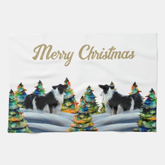 Border Collie in Winter Snow Forest Christmas Tree Geschirrtuch (Horizontal)