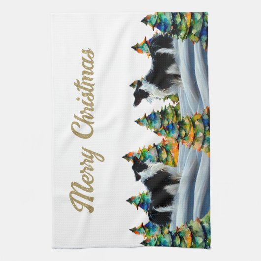 Border Collie in Winter Snow Forest Christmas Tree Geschirrtuch (Vertikal)
