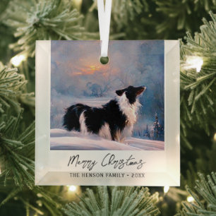Border Collie in winterlicher schneebedeckter Land Ornament Aus Glas