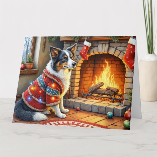 Border Collie Kamin mit Weihnachtslichtern Karte (Vorderseite)