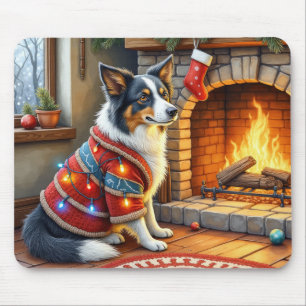 Border Collie Kamin mit Weihnachtslichtern Mousepad
