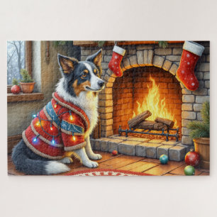 Border Collie Kamin mit Weihnachtslichtern Puzzle