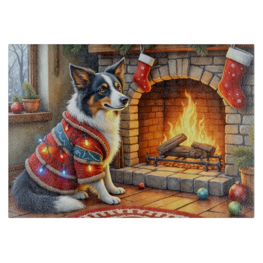 Border Collie Kamin mit Weihnachtslichtern Schneidebrett (Vorderseite)