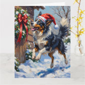 Border Collie Mid-Air Christmas Bow Catch Hat Karte (Gelbe Blume)
