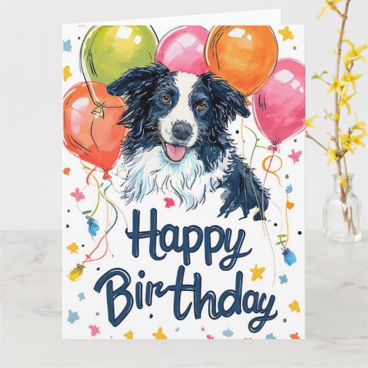 Border Collie mit Balloons Karte (Gelbe Blume)