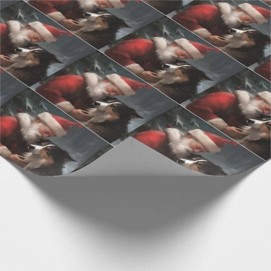 Border Collie mit dem Weihnachtsmann Geschenkpapier (Ecke)