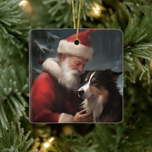 Border Collie mit dem Weihnachtsmann Keramikornament (Baum)