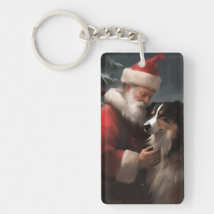 Border Collie mit Santa Claus Festive Weihnachten Schlüsselanhänger