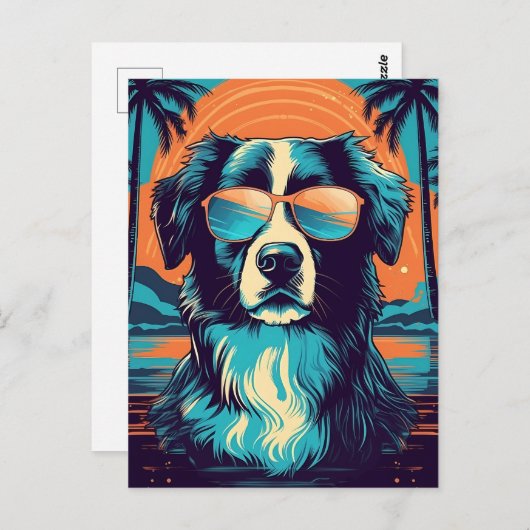 Border Collie mit Sonnenbrille an einem tropischen Postkarte (Vorne/Hinten)