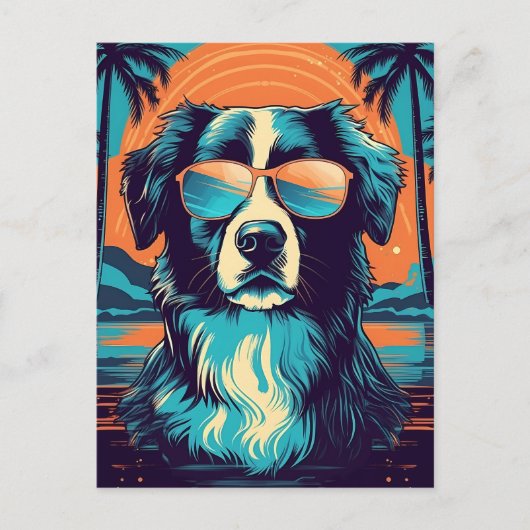 Border Collie mit Sonnenbrille an einem tropischen Postkarte (Vorderseite)