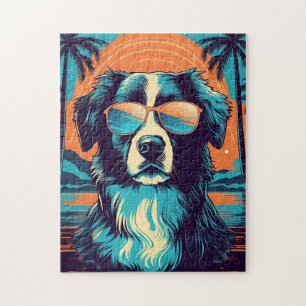 Border Collie mit Sonnenbrille an einem tropischen Puzzle