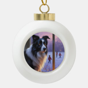 Border Collie mit Weihnachtslichtern Feiertag Keramik Kugel-Ornament