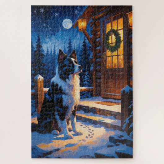 Border Collie mit Weihnachtslichtern Urlaub Puzzle (Vertikal)