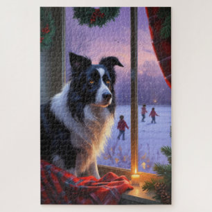 Border Collie mit Weihnachtslichtern Urlaub Puzzle