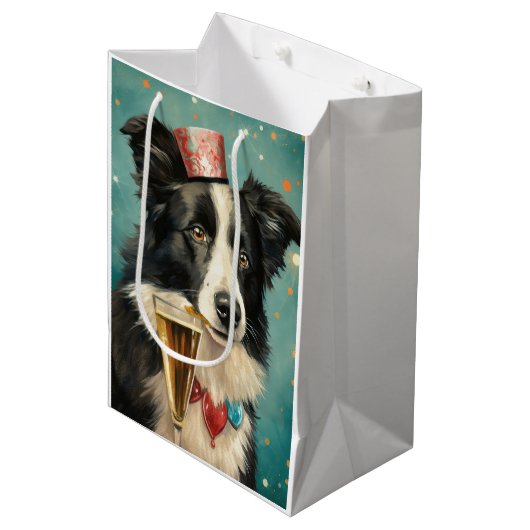 Border Collie Neues Jahr Mittlere Geschenktüte (Vorderseite Schrägansicht)