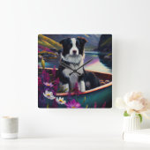 Border Collie on a Paddle: Ein Landschaftliches Ab Quadratische Wanduhr (Zuhause)