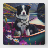 Border Collie on a Paddle: Ein Landschaftliches Ab Quadratische Wanduhr (Vorderseite)