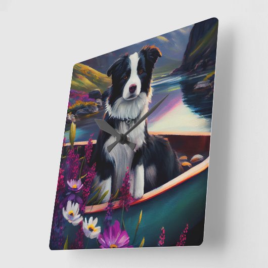 Border Collie on a Paddle: Ein Landschaftliches Ab Quadratische Wanduhr (Winkel)