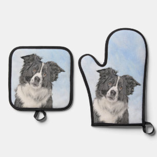 Border Collie Painting Rough Black & White Dog Art Ofenhandschuh & Topflappen-Set