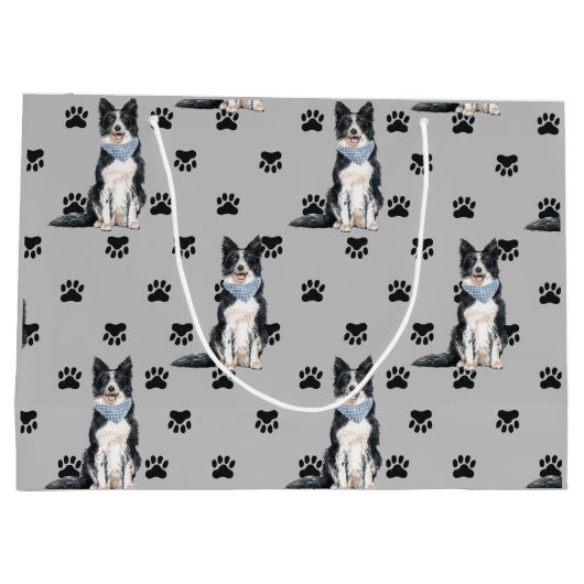 Border Collie Paw Print Pattern Große Geschenktüte (Rückseite)