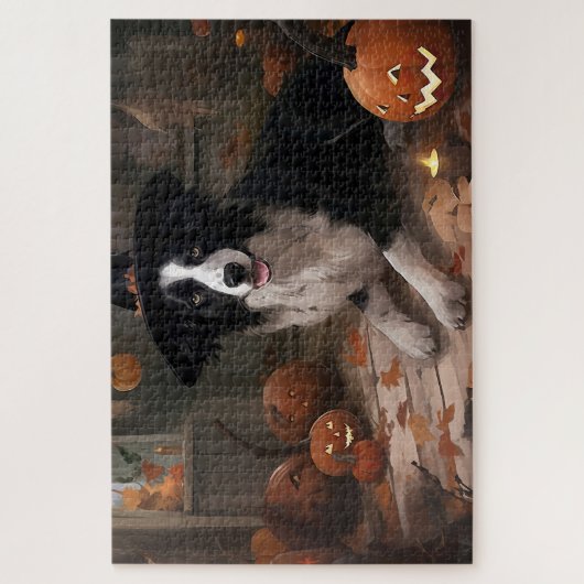 Border Collie Pumpkins Halloween Beängstigend Puzzle (Vertikal)