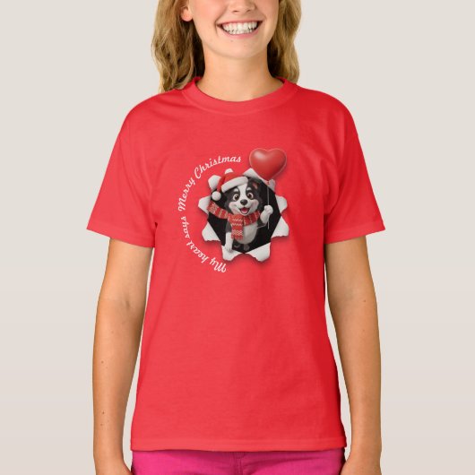 Border Collie Puppy Christmas Heart Scarf T-Shirt (Vorderseite)