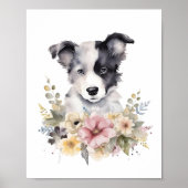 Border Collie Puppy Pet Wasserfarbe Blume Poster (Vorne)