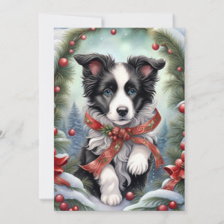 Border Collie Puppy Ribbons Winter Woodlands Feiertagskarte