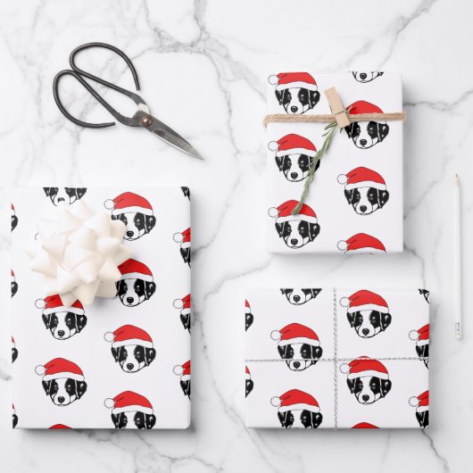 Border Collie Puppy-Weihnachtsmannmütze Geschenkpapier Set (Vorderseite)