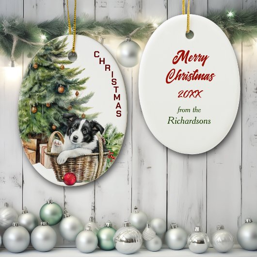 Border Collie Puppy Wicker Korbwein Weihnachten Keramik Ornament