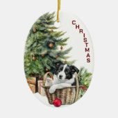 Border Collie Puppy Wicker Korbwein Weihnachten Keramik Ornament (Vorne)