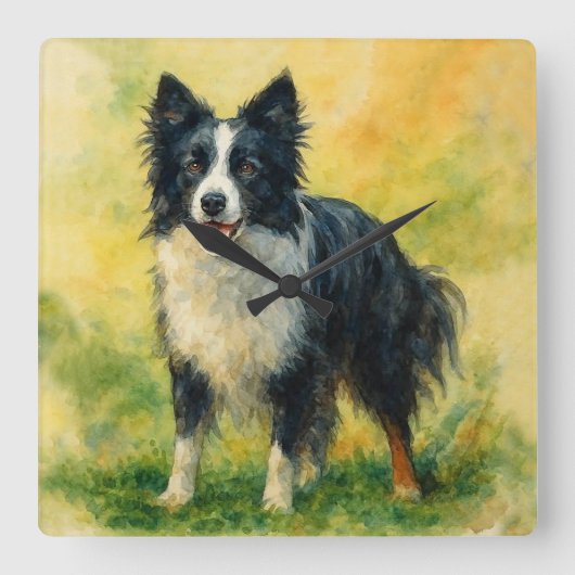 Border Collie Quadratische Wanduhr (Vorderseite)
