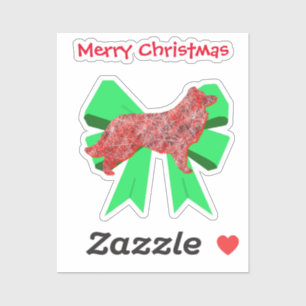 Border Collie Red Dog & Green Bow Weihnachtsstern Aufkleber