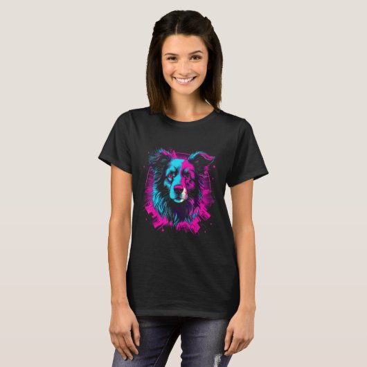 Border Collie Retro Vaporwave Design T-Shirt (Vorne ganz)