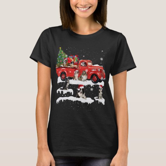 Border Collie Riding Red Truck Frohe Weihnachten X T-Shirt (Vorderseite)