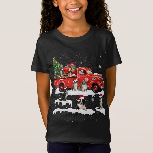 Border Collie Riding Red Truck Frohe Weihnachten X T-Shirt (Vorderseite)