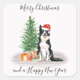 Border Collie Santa Dog Frohe Weihnachten Quadratischer Aufkleber