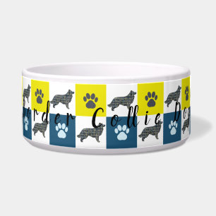 Border Collie Silhouette Dog & Paw Y&B Grid Napf