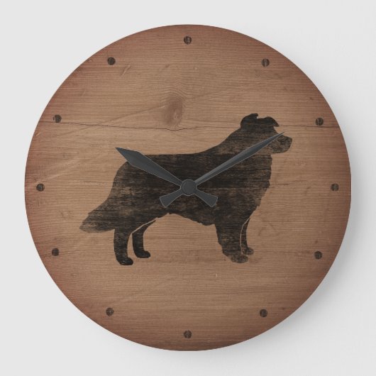 Border Collie Silhouette Rustikaler Stil Große Wanduhr (Vorderseite)