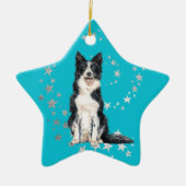 Border Collie Silver Stars Aquamarin Weihnachten Keramik Ornament (Vorne)