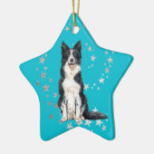 Border Collie Silver Stars Aquamarin Weihnachten Keramik Ornament (Links)