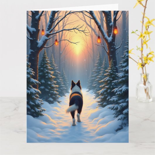 Border Collie Snowy Forest Walk Holiday Painting Karte (Gelbe Blume)