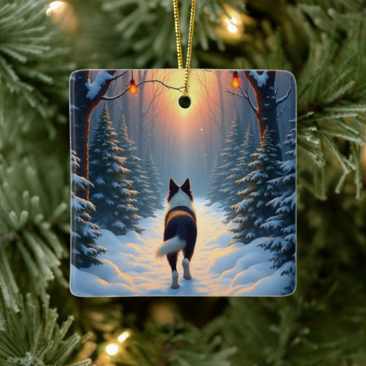 Border Collie Snowy Forest Walk Holiday Painting Keramikornament (Baum)
