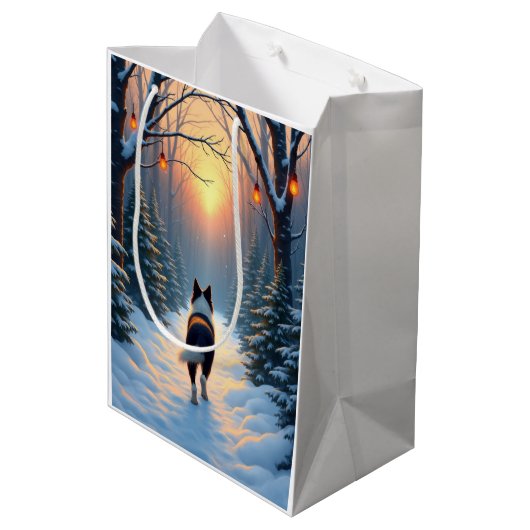 Border Collie Snowy Forest Walk Holiday Painting Mittlere Geschenktüte (Rückseite Schrägansicht)
