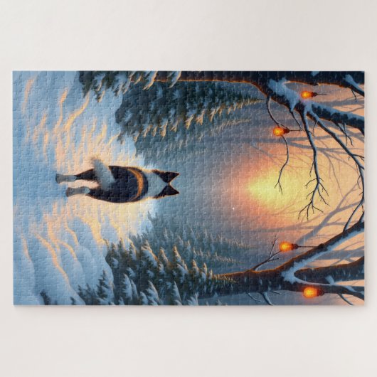 Border Collie Snowy Forest Walk Holiday Painting Puzzle (Horizontal)