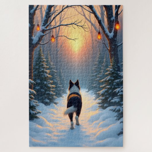 Border Collie Snowy Forest Walk Holiday Painting Puzzle (Vertikal)