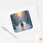 Border Collie Snowy Forest Walk Holiday Painting Quadratischer Aufkleber (Umschlag)