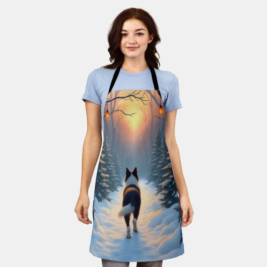 Border Collie Snowy Forest Walk Holiday Painting Schürze (Getragen)